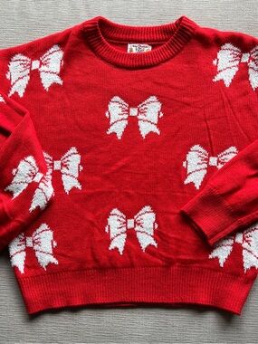 Merry Christmas by Poof Bow Sweater Size Large Womens Red/White Knit Crewneck